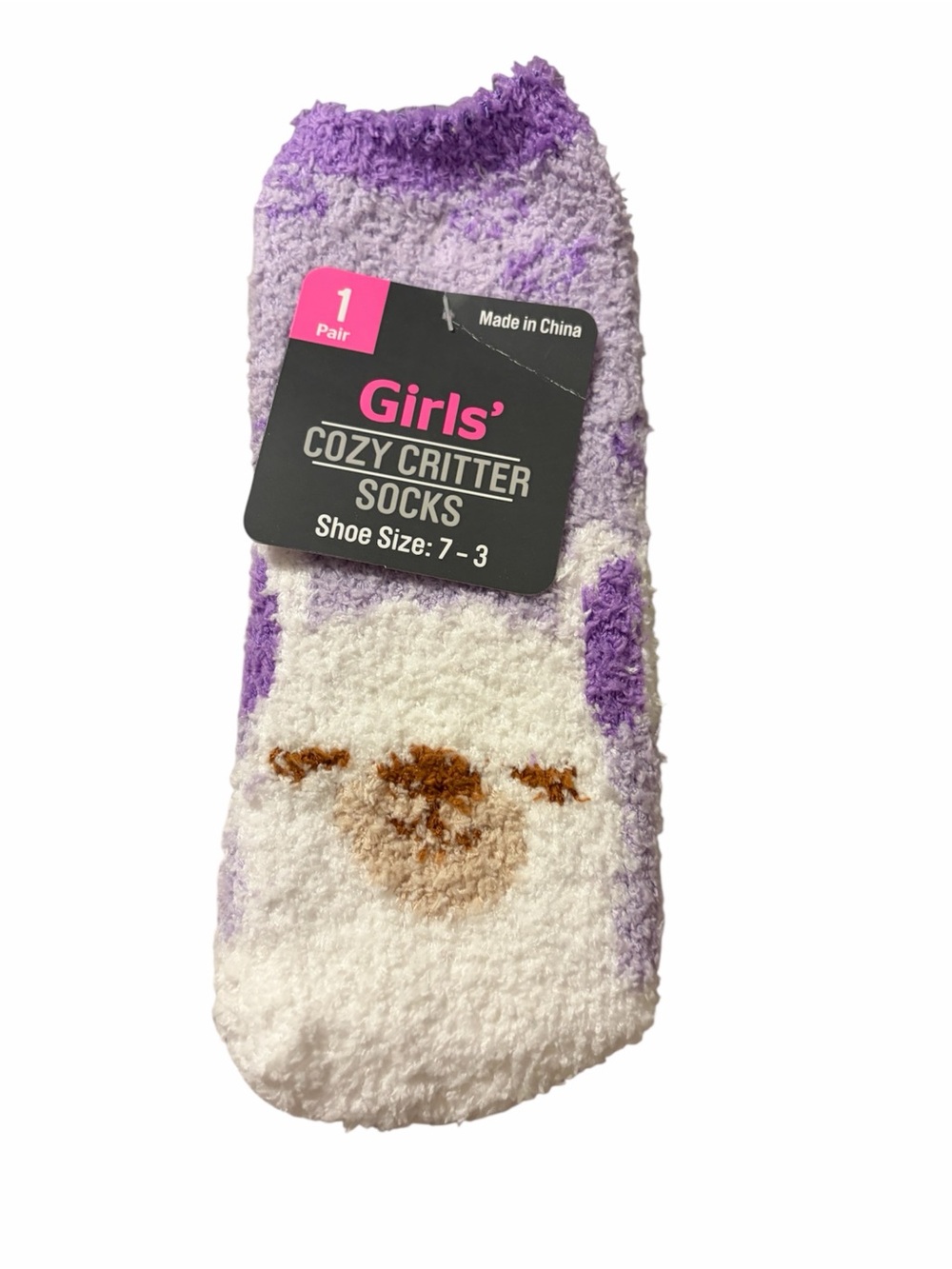Girls' Cozy Critter Plush Socks - Purple & White Lama